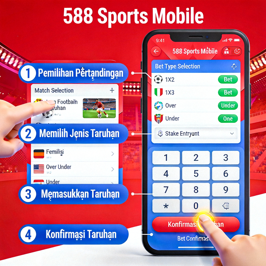 Animasi proses taruhan langsung di M88 Sports Mobile dari pemilihan pertandingan hingga konfirmasi bet