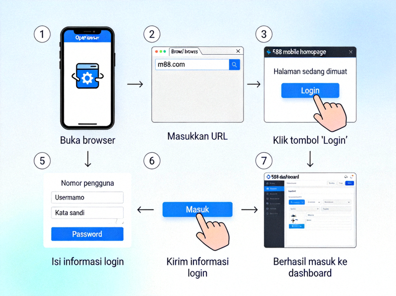 Proses login M88 Com Mobile step-by-step dari membuka browser hingga masuk ke dashboard