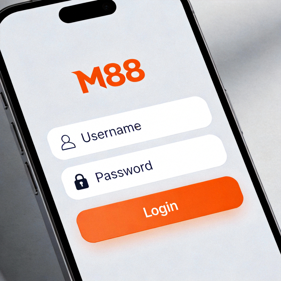 Tampilan layar login M88 Com Mobile di smartphone dengan form username dan password