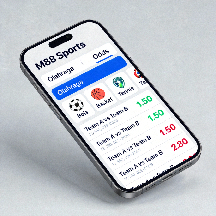 Dashboard M88 Sports di perangkat mobile menampilkan menu olahraga dan odds