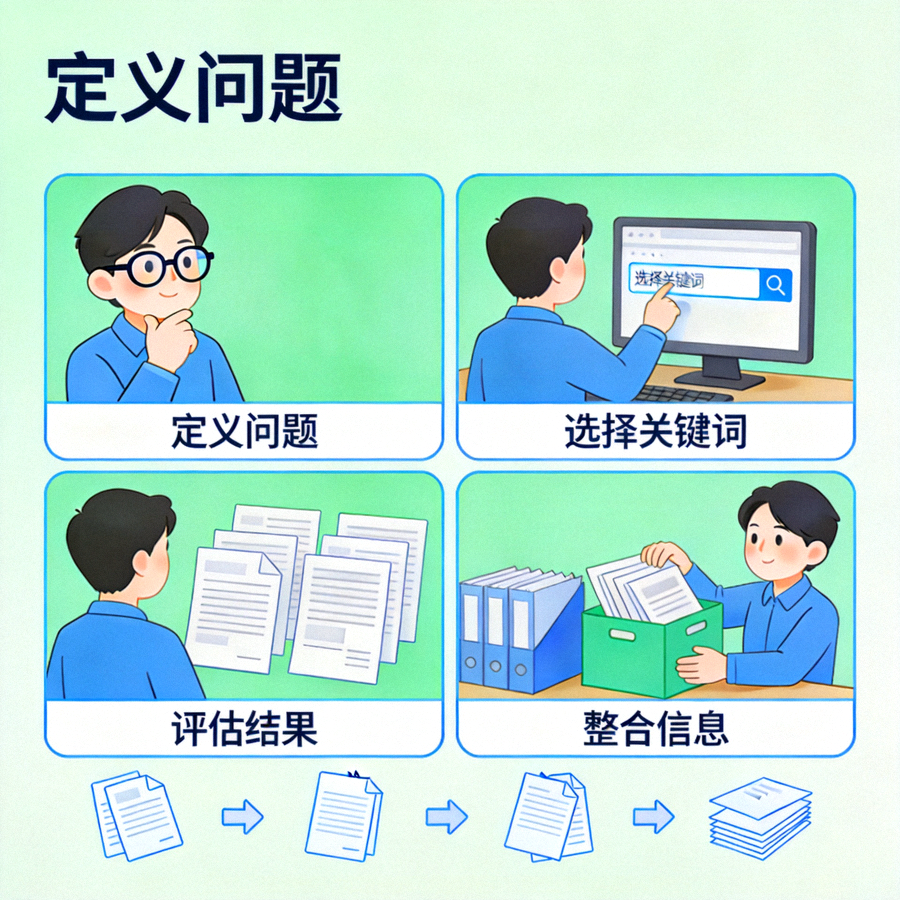动画展示从定义问题、选择关键词、评估结果到整合信息的完整信息检索流程