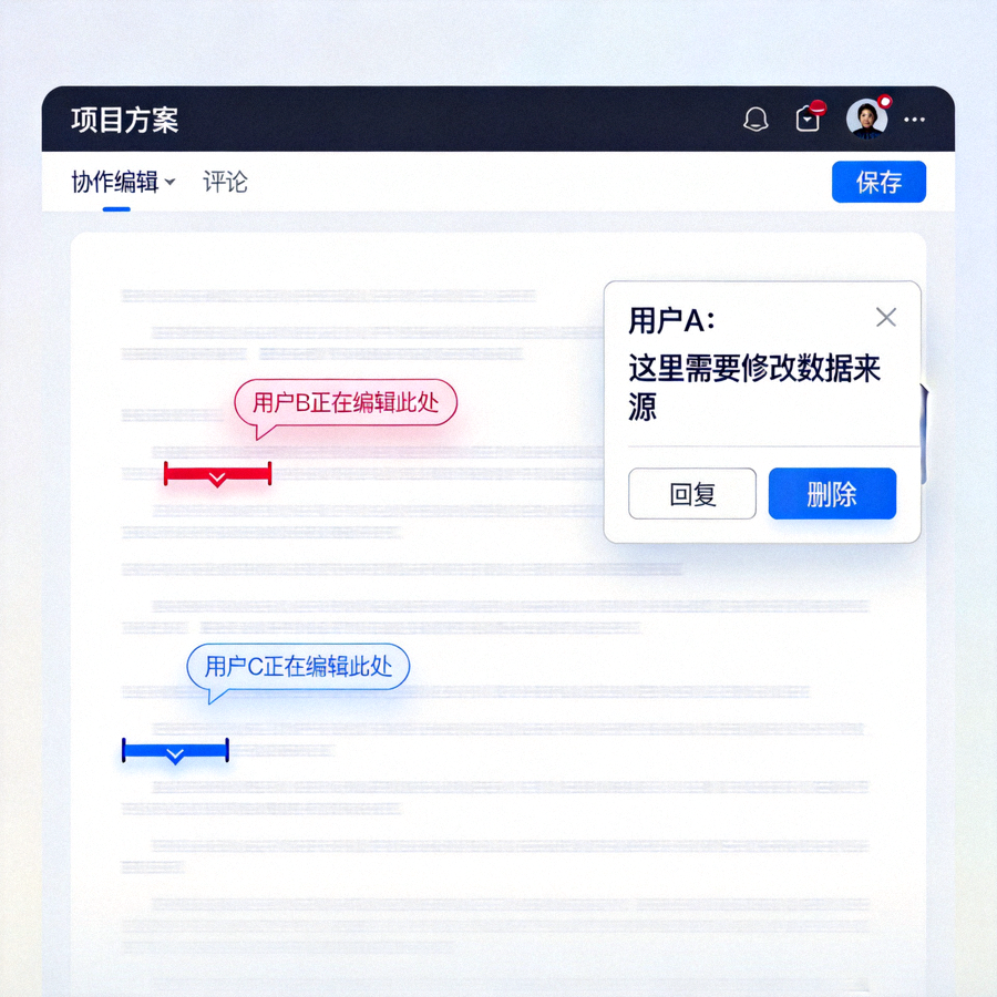 一款主流在线文档编辑器的清晰界面截图，展示协作编辑与评论功能