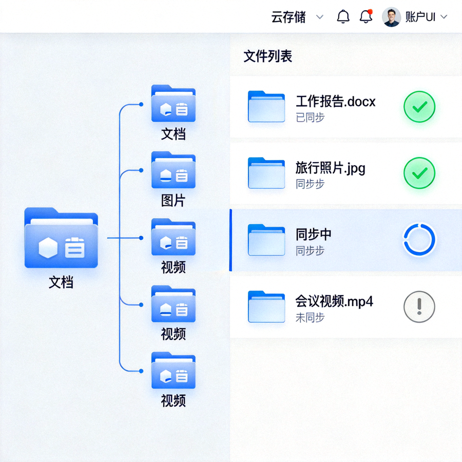 云存储服务的文件管理器界面，展示文件夹结构与文件同步状态