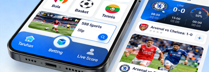 Demo animasi navigasi di aplikasi M88 Sports Mobile menunjukkan fitur taruhan dan live score