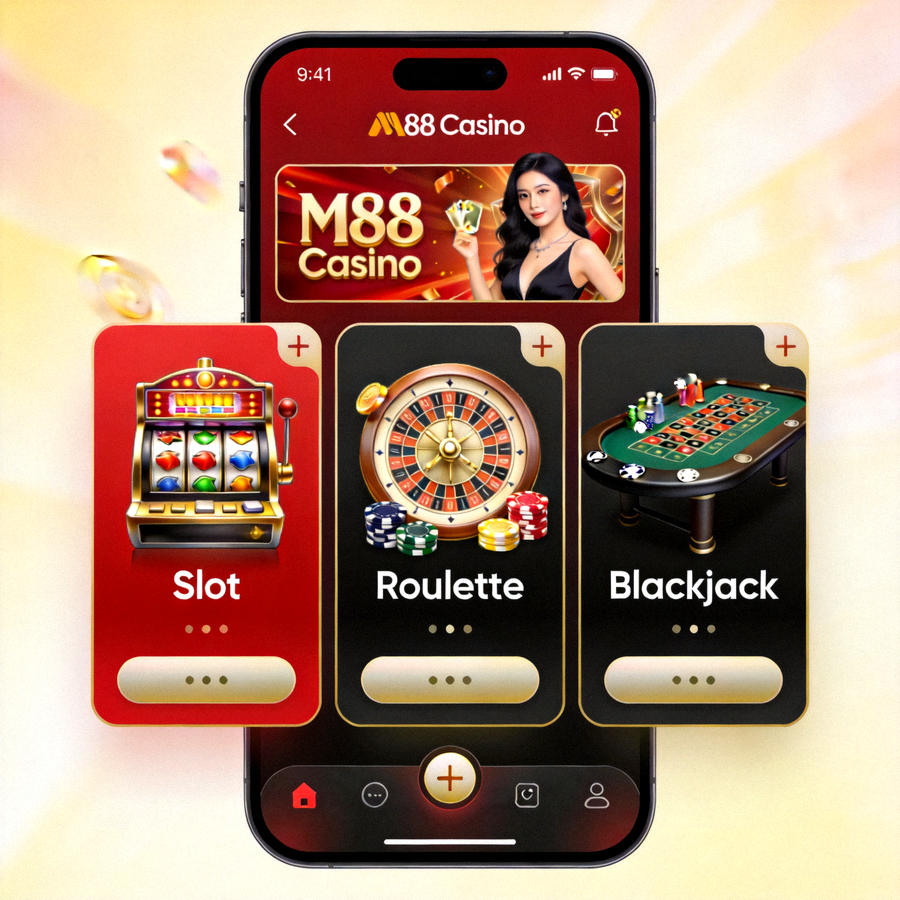 Lobi permainan casino M88 di perangkat mobile dengan kategori slot, roulette, dan blackjack