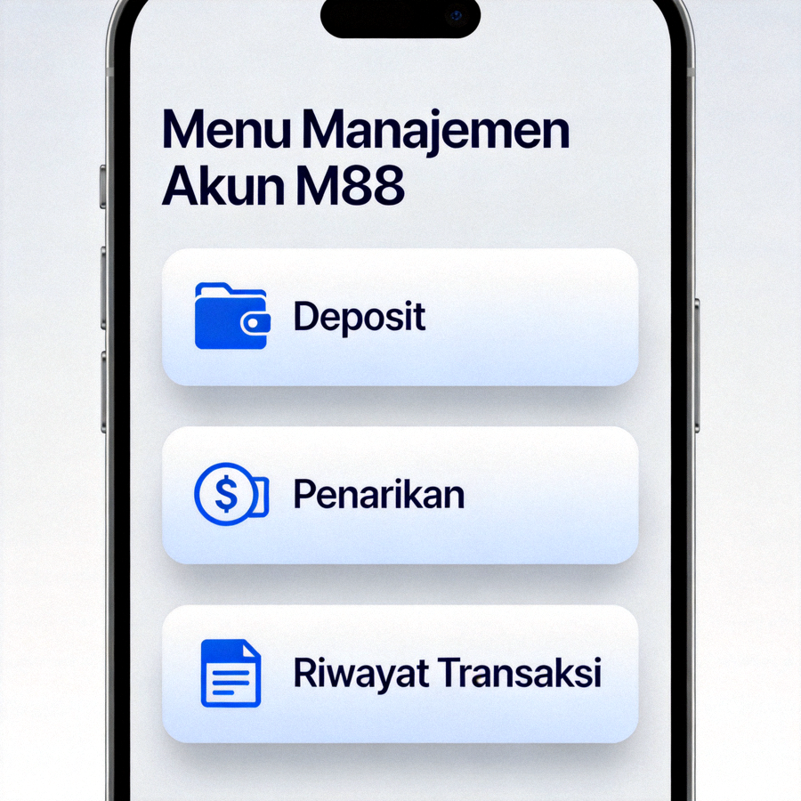 Menu manajemen akun M88 di mobile untuk deposit, penarikan, dan riwayat transaksi