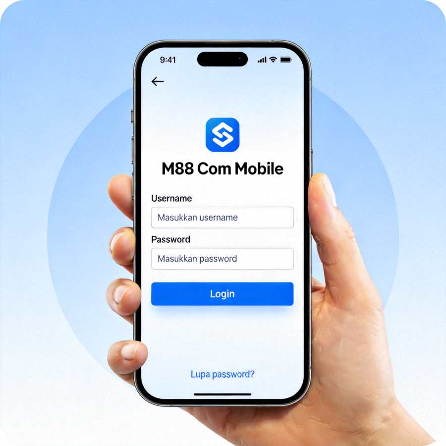 Mockup antarmuka login M88 Com Mobile di layar smartphone dengan tampilan yang jelas dan modern